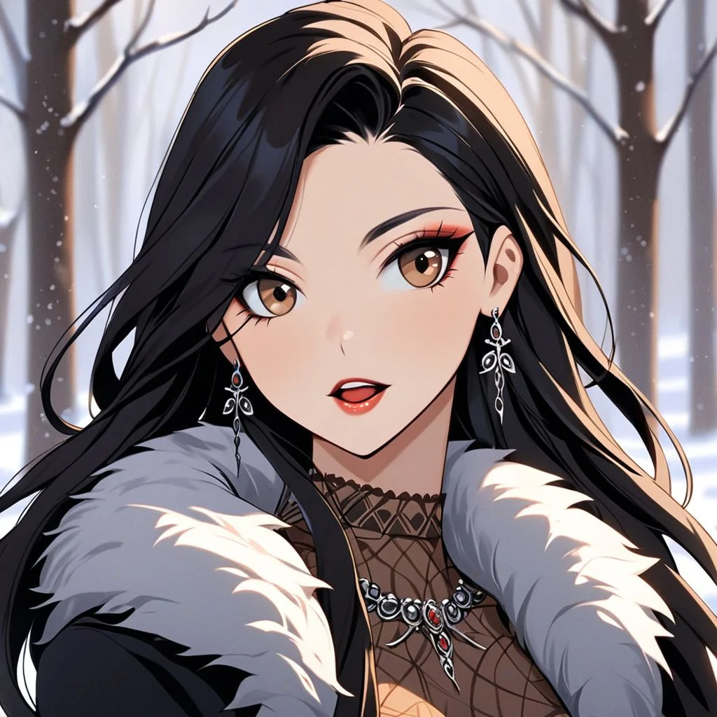 1girl, bare tree, black hair, blurry, blurry background, brown eyes, depth of field, earrings, fur, fur trim, jewelry, long hair, makeup, open mouth, solo, tree