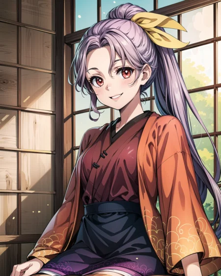 <lora:touhou_komakusa-09:1.0>, cowboy shot, solo, 1girl, komakusa sannyo, smile, looking at viewer, sitting, ponytail, hair ribbon, japanese clothes, red kimono, wide sleeves, purple skirt, <lora:add_detail:1>, masterpiece, best quality,