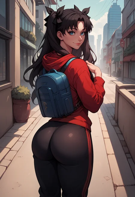 score_9, score_8_up, score_7_up, score_6_up BREAK solo,outdoors,city street,looking at viewer,from behind,black sweatpants,red hoodie,baggy pants,big butt,backpack,EPfsnRin,long hair, black hair, hair ribbon, two side up, twin-tails, blue eyes,slight smile,hands in front <lora:EPfsnRinPony:0.8>