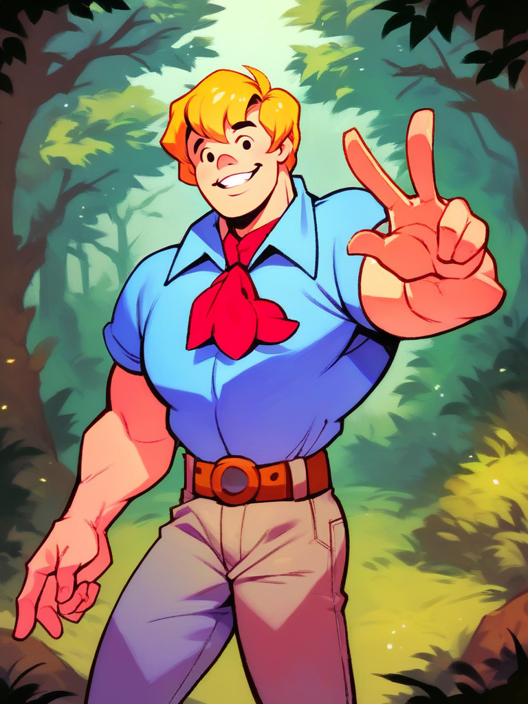 score_9, score_8_up, score_7_up, score_6_up, 1boy, v, dynamic pose, smile, looking at viewer, cowboy shot, forest,
 <lora:AlanMarberry_character:1>, AlanMarberryXLP, blonde hair, short hair, blue shirt, pants, belt, muscular male, red ascot,