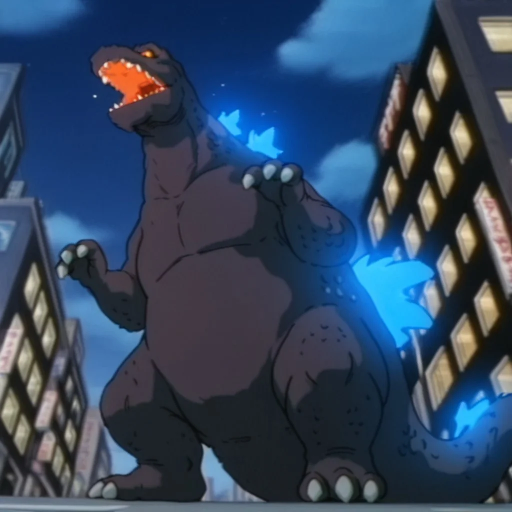 masterpiece, best quality, amazing quality, godzillaDSil, feral, male, godzilla, grey skin, glowing blue back spines, , yellow sclera, orange eyes, tail, hands up, city ,solo, full body, 3toes, open mouth