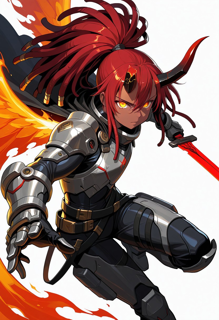Source_anime, Score_9, score_8_up, resolution, 8k, highest quality, high resolution, best quality, masterpiece, soft lighting, volumetric lighting, detailed background, shiny skin, beautiful, Perfect color eyes, detailed eyes, shiny skin, 
...
White background, 
... 
1female, dark-skinned female, golden eyes, red hair, 
dreadlocks,  long hair ponytail, ponytail, red and black horns, broken horns, muscular, flat chest, modern armor, outstretched hand, cape, armored gloves, extra belts armor, bodysuit, science fiction, holding swords, fire,, solo, magic wings, fiery wings, glowing eyes, , dynamic pose, firing ofuda on clothes,