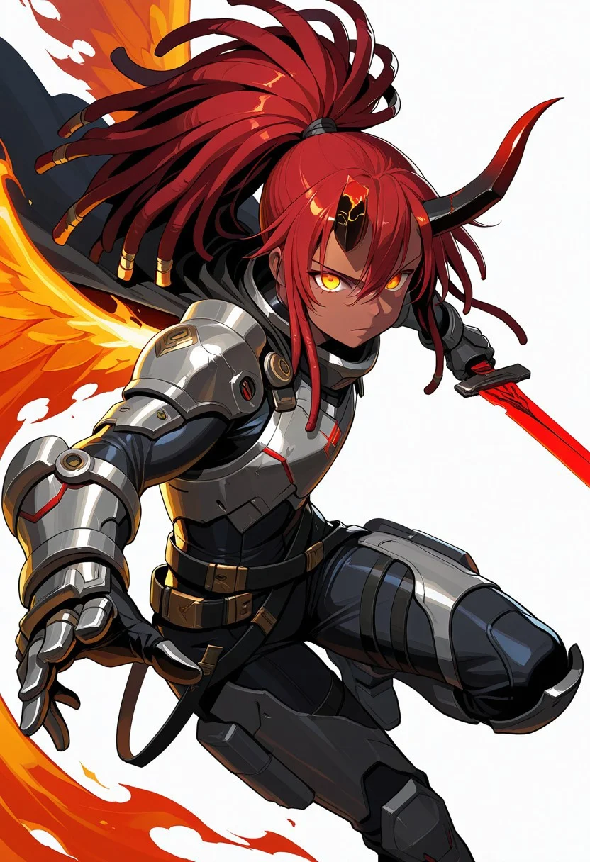 Source_anime, Score_9, score_8_up, resolution, 8k, highest quality, high resolution, best quality, masterpiece, soft lighting, volumetric lighting, detailed background, shiny skin, beautiful, Perfect color eyes, detailed eyes, shiny skin, 
...
White background, 
... 
1female, dark-skinned female, golden eyes, red hair, 
dreadlocks,  long hair ponytail, ponytail, red and black horns, broken horns, muscular, flat chest, modern armor, outstretched hand, cape, armored gloves, extra belts armor, bodysuit, science fiction, holding swords, fire,, solo, magic wings, fiery wings, glowing eyes, , dynamic pose, firing ofuda on clothes,