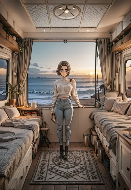 masterpiece,RobynSpade, Short hair, Brown hair, freckles, blue eyes, masterpiece, best quality, amazing quality, 1girl, solo, oversize white sweater, off shoulder, blue jeans, general, <lora:motorhome:0.8>, standing, motorhome, bed, window, indoors, rug, scenery, pillow, picture frame, blanket, plant, curtains, cup, bedroom, lamp, book, potted plant, wooden floor, view from back door, Inside the camper, beach, (masterpiece:1.3), best quality, high resolution, unity 8k wallpaper, (illustration:1.2), 8K, wide angle,