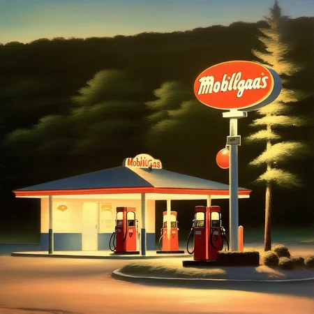 <lora:03realismPainting_Hap_XL:1>, gas station, sign, evening light, roadside, Mobilgas, building, trees, shadows, Americana, vintage, rural, twilight, travel, nostalgia, solitary, quiet,