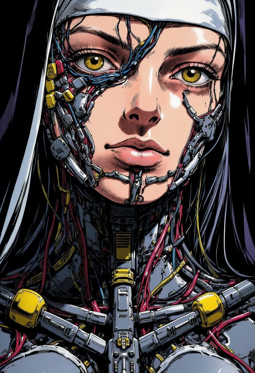 Jojos bizarre adventure Style, colorful Neon Pop-Art, purple, yellow, Green, S1n0z1ck style, extreme Closeup of a beautiful charming japanese wired-cyborg nun in a traditional nun’s habit. Anime, cyberpunk, her body is made of cables, wires and technical parts