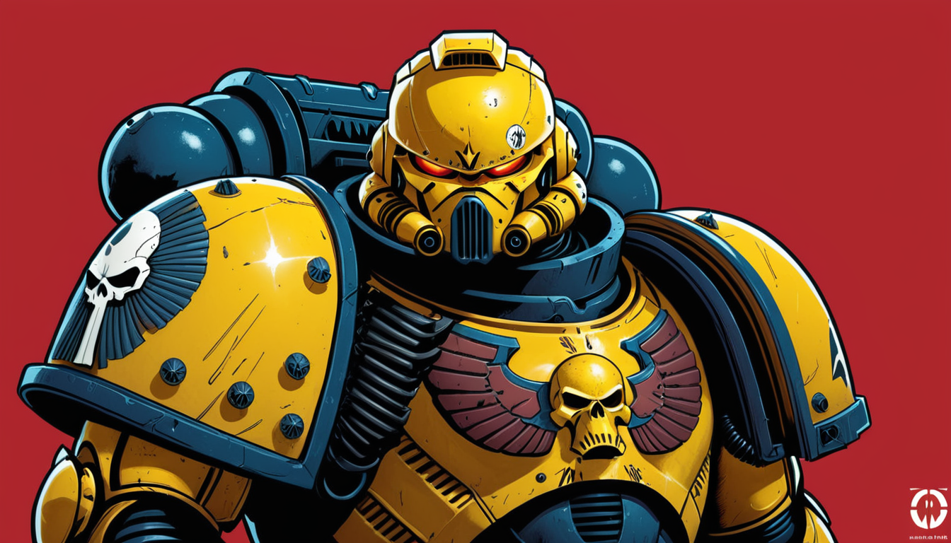(digital illustration), Space Marine from the Lamenters Chapter, yellow Power Armor, upper body, portrait, dynamic composition, centered, comic book \(style\), bold lines, dramatic shading, red splashes, line art, limited color palette, extremely detailed, grimdark, dramatic, warp background, warhammer 40k
 <lora:Astartes-000007:1>