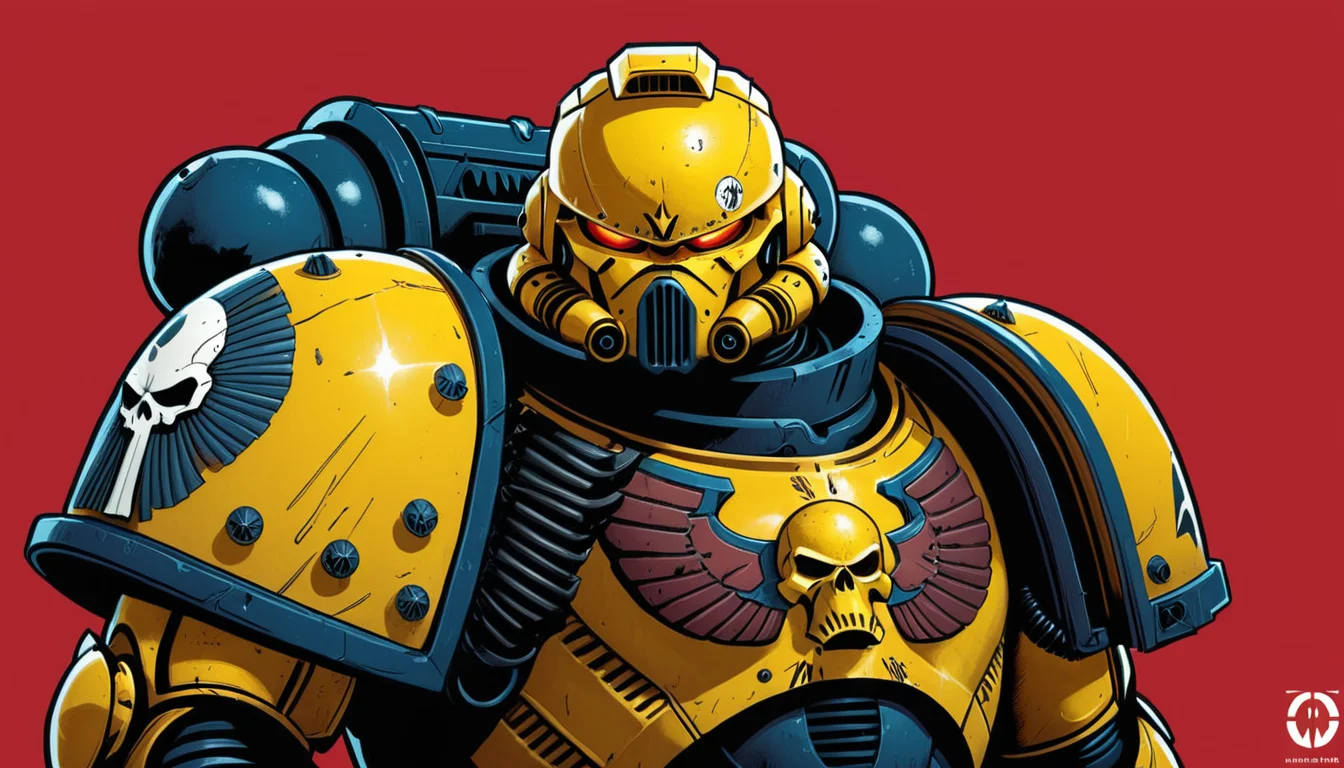 (digital illustration), Space Marine from the Lamenters Chapter, yellow Power Armor, upper body, portrait, dynamic composition, centered, comic book \(style\), bold lines, dramatic shading, red splashes, line art, limited color palette, extremely detailed, grimdark, dramatic, warp background, warhammer 40k
 <lora:Astartes-000007:1>