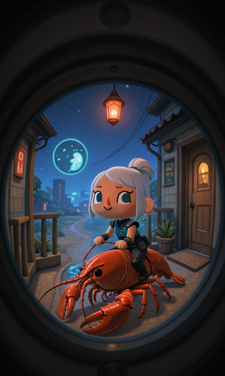 embedding:IllusP0s, animal crossing style, 3d, pov peephole, riding lobster, fisheye, jett_\(valorant\), outdoors, night<lora:animal crossing style_3d_ill.safetensors:1.0:1.0> <lora:pov peephole_riding lobster_fisheye_illustrious.safetensors:1:1>