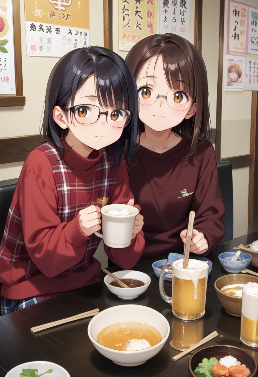 score_9, score_8_up, score_7_up, rating_safe, masterpiece, best quality, absurdres, unity 8k wallpaper, official art, official style, source_anime, game cg, megami magazine,
murayakuba, izakaya, multiple girls, table, indoors, black hair, cup, holding, beer mug, medium hair, sitting, shirt, bowl, plaid shirt, glasses, red shirt, plaid, food, long sleeves, sweater,  spoon, brown hair, jacket, chopsticks, bottle, poster (object)
 <lora:murayakuba_pony_V1:1>