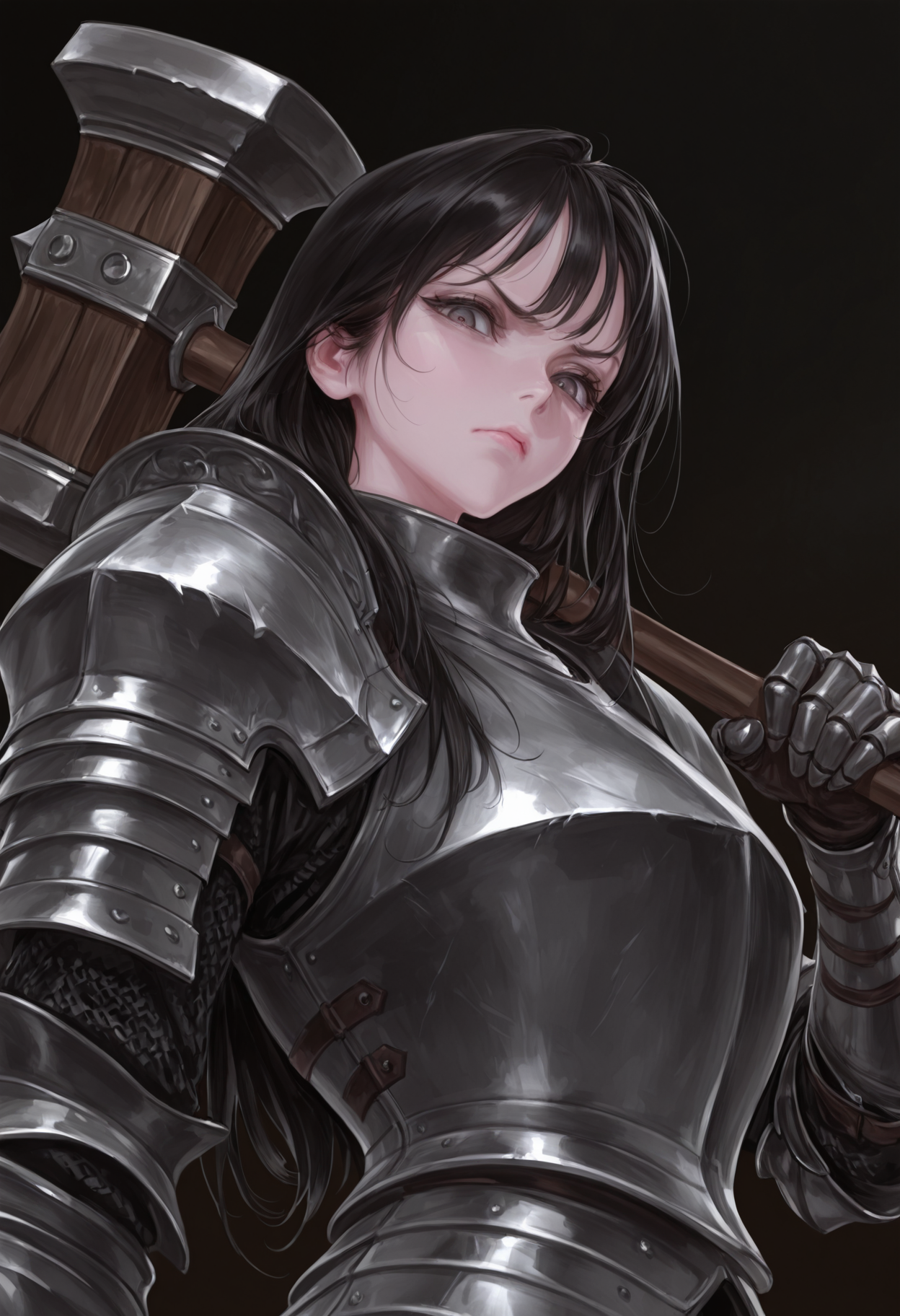 bm94199, 

from below, dutch angle, 

1girl, solo, upper body, black hair, long hair, 

plate armor, 

standing, holding weapon, weapon over shoulder, hammer, 

looking down, looking at viewer, annoyed, 

dark background, 

masterpiece, best quality, amazing quality, 