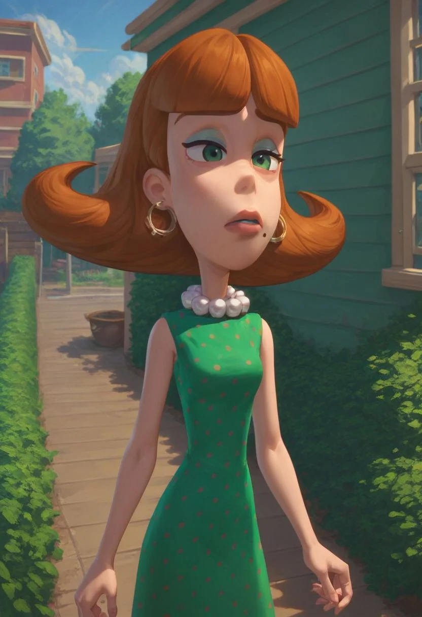 Score_9_up, score_8_up, score_7_up, solo, 1girl, solo, judyhn, earrings, brown hair, pearl necklace, green dress, polka dot dress, mole under mouth, Expressiveh