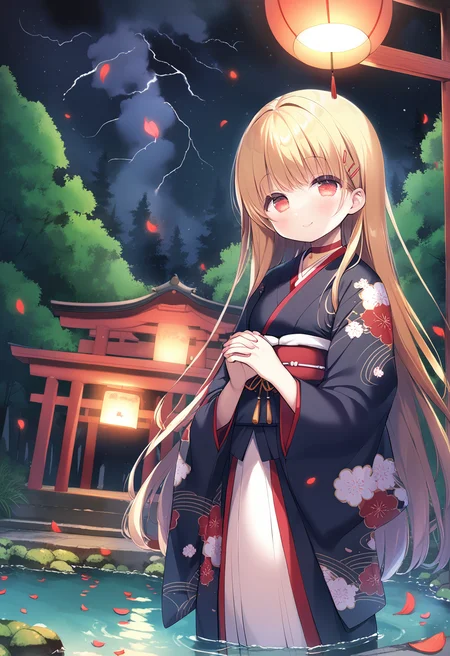 1girl, blonde hair, very long hair, hairclips, red eyes, red choker, traditional japanese clothes, folding hands, smile, outdoors, outside shrine inside forest, waterpond, wind, leaf petals, burning background, lush vegetation, night, storm, black sky,  <lora:hobbyanon_mayumani_v1_AnythingXL:1>
