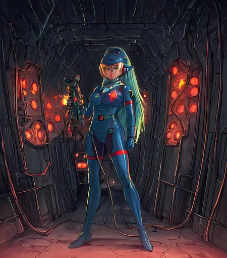 orbiting control pod above a dying planet, 1girl as alien princess with glimmering bodysuit, glowing red and blue analog interfaces, 1980s sci-fi pulp cover style with vibrant grain, cracks in her visor and ambient sparks, retro sci-fi control room, ultra-detailed, cinematic lighting, 4K render