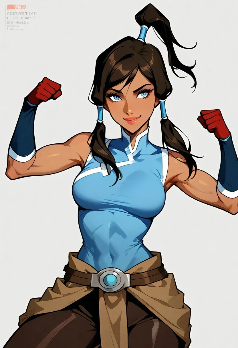 4RCH0N, Jabstyle, Expressiveh, Score_9, score_8_up, score_7_up, score_6_up, dynamic pose, KOrra, ,1 young woman, solo, femenine, blue eyes, brown eyelashes, brown hair, long hair, ponytail, dark skin, dark-skinned female, hair tubes, topknot,, tiny waist, perfect waist to hip ratio, flat stomach, eyesHD, detailed eyes, orgasmic look, smile, female focus, perfect face, perfect anatomy, perfect legs, detailed eyes, high definition eyes, most erotic picture in the world, medium breasts, firm breasts, (intricate detailing:1.6 faces & eyes & ears & nose & lips & skin & curves & shapes & body parts & anatomy),(wearing: bodysuit, red gloves, belt), sexy, (seductive-pose:1.4), shikairo days dance, shikairo days dance (meme), dancing, meme, clenched hands, glowsticks, smile, cowboy shot, blank background, seductive, innocent, sharp, rating_explicit