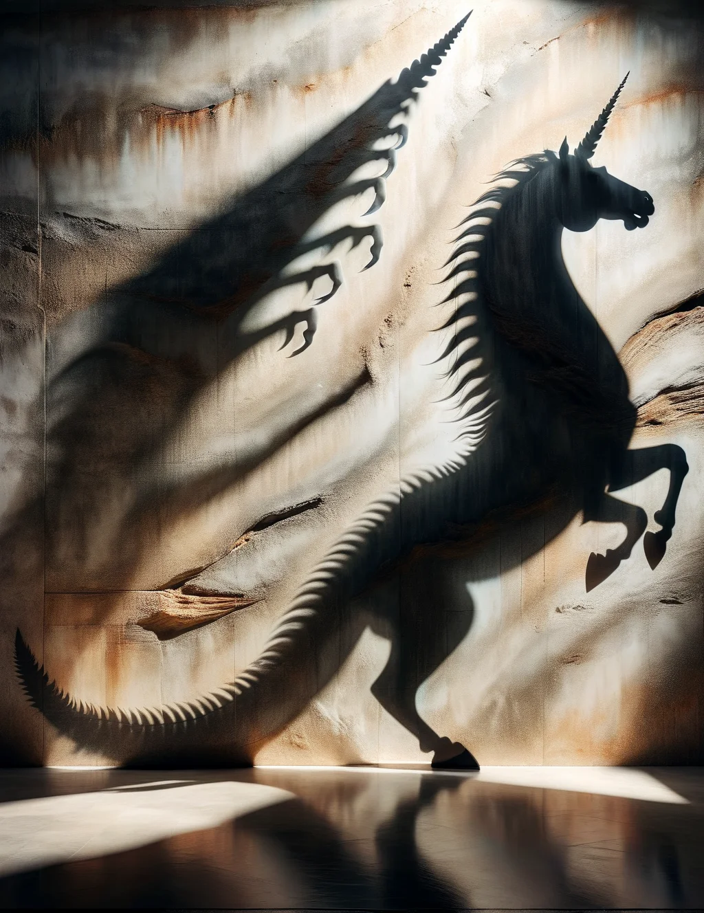 DonM5h4d0w5XL shadow on a unicorn horn beams wall, alligator, <lora:DonM5h4d0w5XL-000010:1>
