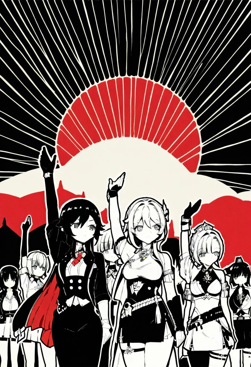 masterpiece, best quality, red sun style, many girls, genshin impact, arms up, holding weapon