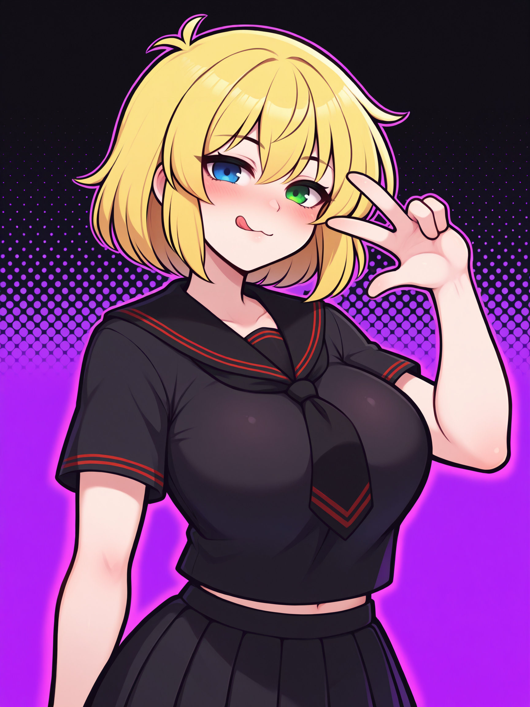 masterpiece, best quality, amazing quality, by asukaln
(solo:1.4), Ryona_IL, blonde, short hair, heterochromia, blue eye, green eye, large breasts, :3, Ryona_hebijo, school uniform, red stripe piping, black sailor collar, black tie, black serafuku, black shirt, short sleeves, black skirt, pleated skirt
tongue, tongue out, looking at viewer, upper body, w, halftone, purple theme, v, smile, :q, blush, closed mouth, hood
<lora:Mystyle_SDXL_LoCon_DORA_v2:1>
<lora:SK_Ryona_IL:0.8>