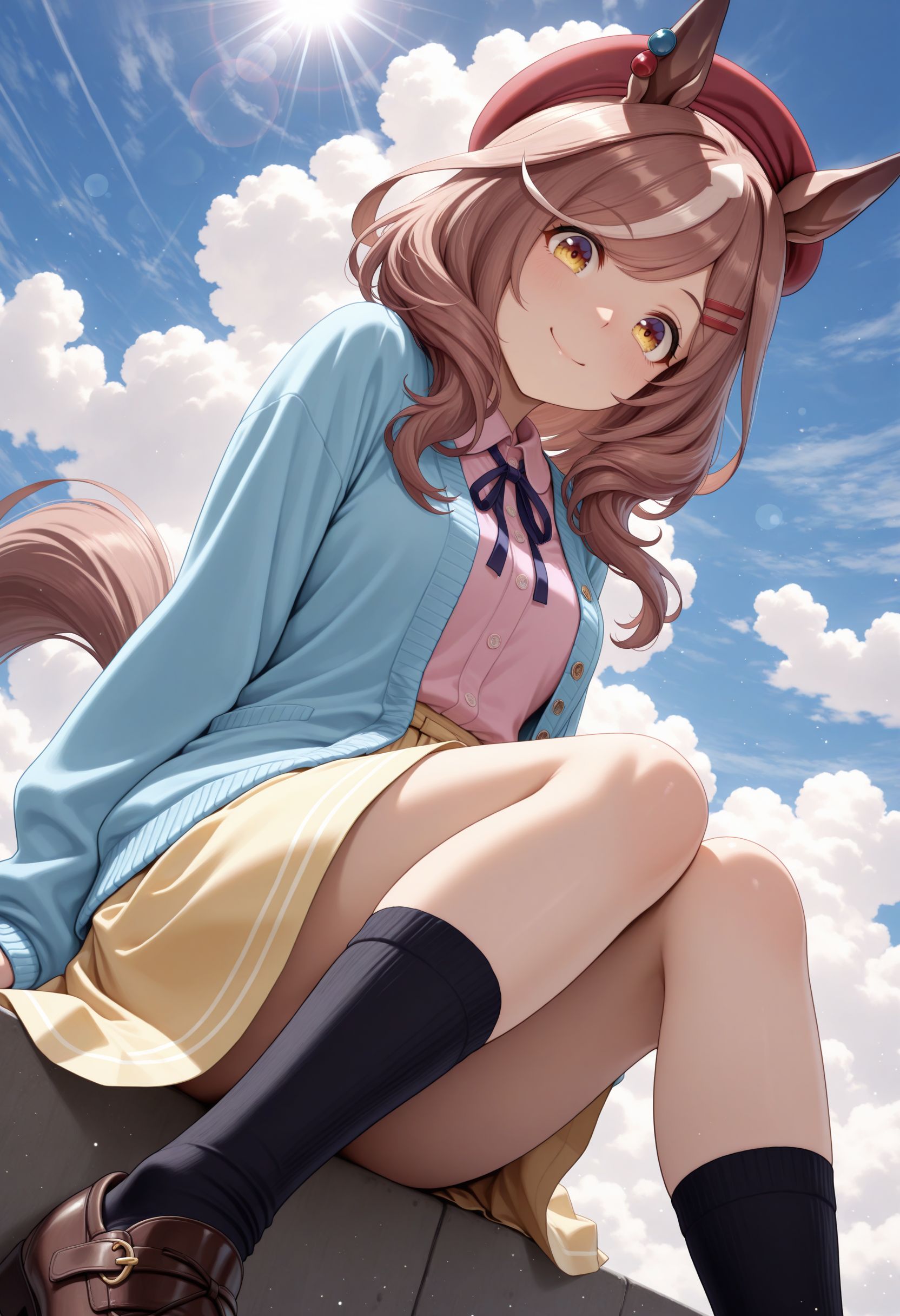 masterpiece, best quality, amazing quality, very awa,absurdres,newest,very aesthetic, looking at viewer
 <lora:Matikane Tannhause illu v3:1> 1girl, horse ears, horse tail, smile, looking at viewer, black socks, closed mouth, pink shirt, standing, red beret, casual, blue cardigan, long sleeves, ears through headwear, bright yellow skirt, brown shoes, neck ribbon, red hairclip, ear ornament, tilted headwear cloud,cloudy day,light rays,lens flare,light particles,dynamic pose,dynamic angle,sitting from below,dark