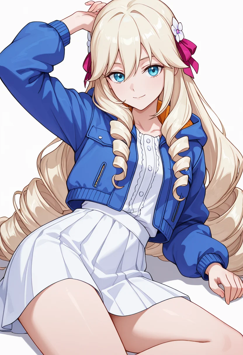 Smooth Quality,masterpiece,very intricate, high quality details, ultra realistic, high detailed skin,detailed enviorement,absurdres,
<lora:Ariane_Algren_CNR:0.8> ariane_cnr, very long hair, drill hair,blonde hair, blue eyes, hair between eyes, sidelocks,hair bow,hair ribbon,hair flower,puffer jacket, ,jacket, ,panel skirt, ,, simple background, white background, front view,
lying on side, one arm supporting head, relaxed legs, soft smile, casual vibe, ,, =v=,