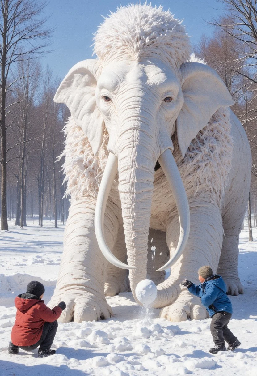Envision a Marshmallow Mammoth lumbering through a snowy winter wonderland. Its huge, fluffy body is made of soft, white marshmallows, with icicle tusks and a mane of shredded coconut. It gently puffs out chilly breaths that turn into little snowflakes. The photograph shows it lying down, surrounded by children making snow angels, as it lazily tosses marshmallow "snowballs" their way with its trunk.