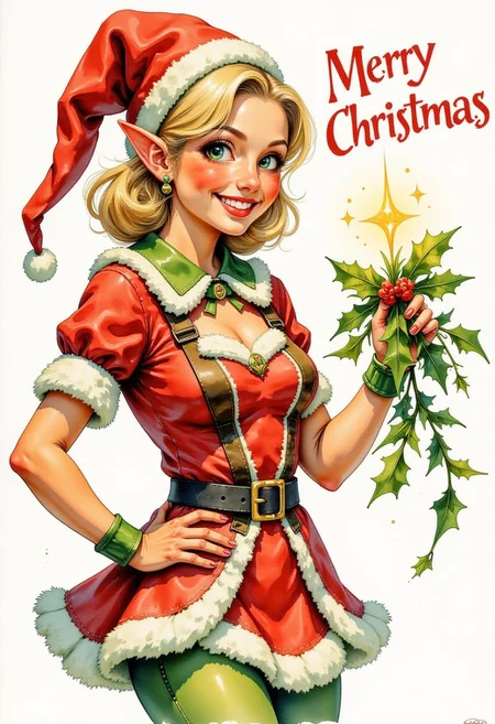 pinkretrochristmaswatercolor,
A festive elf woman with pointed ears, wearing a playful green and red outfit, holding glowing mistletoe, with text "Merry Christmas" sparkling above her.