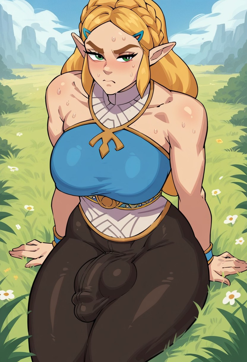 score_9, score_8_up, score_7_up, score_6_up, score_5_up, score_4_up, 
Zelda from Breath of the Wild, (Sunny, Lush Fields, Grassy setting) futanari, big testicles, girthy penis, penis bulge, large breasts, staring at Sheikah Slate, sweating slightly, bulge in black tights, annoyed face, no blush, looking away from viewer,