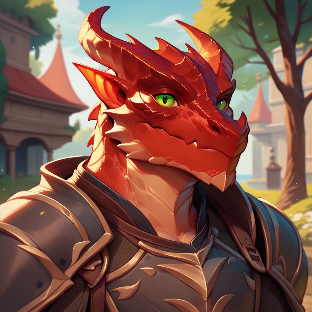 (((beautiful, high quality))), upper body, score_9, score_8_up, score_7_up, solo,
looks at the viewer, 
Dragonborn, furry dragon,
1boy, male focus, green eyes, red scales, armor,
outdoor, fantasy background, nature, blurred background,
