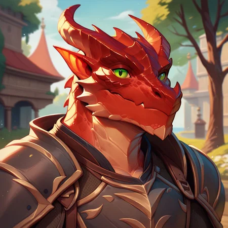 (((beautiful, high quality))), upper body, score_9, score_8_up, score_7_up, solo,
looks at the viewer,
Dragonborn, furry dragon,
1boy, male focus, green eyes, red scales, armor,
outdoor, fantasy background, nature, blurred background,