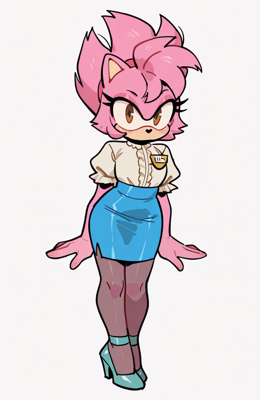 1girl, solo, <lora:knuxze:1> knuxze,
<lora:AmyTekno:0.8> fleet-amy, spiked hair, pink fur, brown eyes, office hostess uniform, frilled blouse, a-line skirt, pantyhose, heels, name tag, extremely detailed, highres, masterpiece, best quality