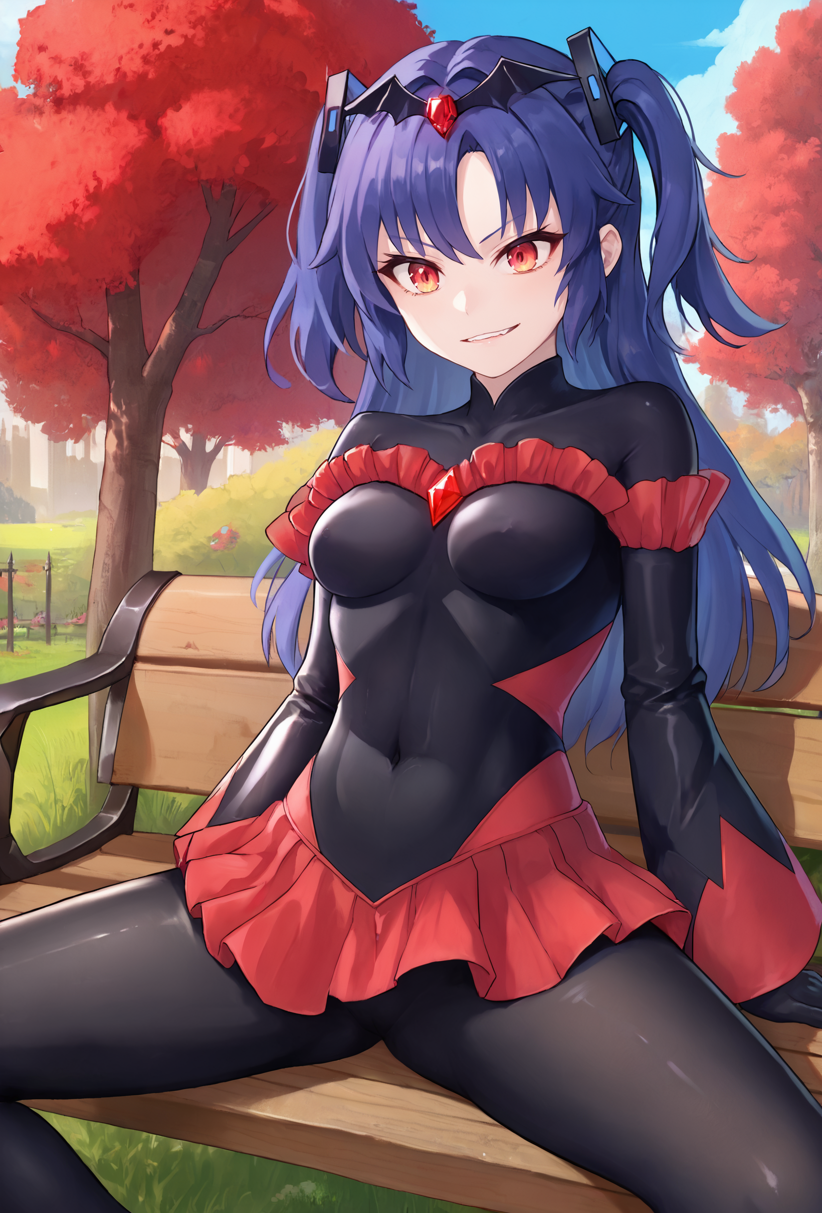 zPDXL, solo, 1girl,
hayase yuuka, two side up, 
black badend-bodysuit, badend-tiara, red frills, red skirt, red gem,
outdoors, tree,
sitting on bench, spread legs, 
<lora:CorruptionSlider2:4.5>  <lora:bad-end-ot14-1701:0.8> <lora:yuuka-ponyxl-kohya3:0.8>