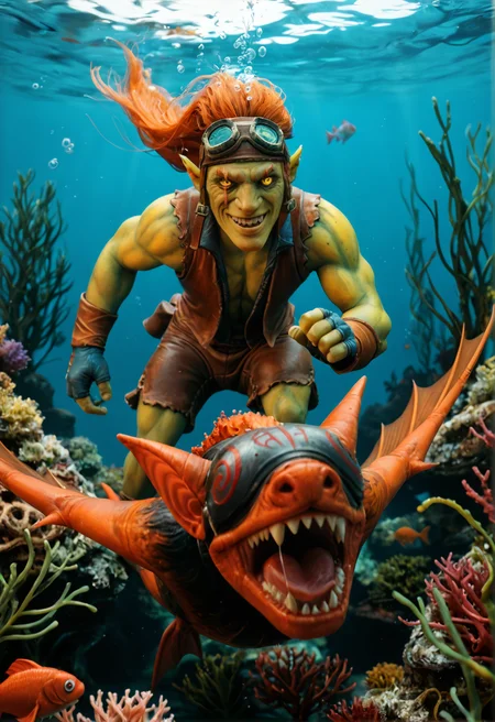 <lora:batrider_v1:0.8> batrider_v1
1boy, yellow skin, green skin, green legs, green face,
pointy ears,
colored skin,
teeth, sharp teeth,
orange hair,
yellow eye, scar on eye,
gloves, goggles, goggles on head, brown long shorts
riding a bat, , bat, score_9, score_8_up, score_7_up, score_6_up, derpibooru_p_95,
detailed eyes, beautiful, detailed background, perfect eyes,
blur censor, blurry, blurry background, blurry foreground, bokeh, motion blur,
chromatic aberration, depth of field, figure, focused, focus
photography, realistic sun light and shadows, photorealism, UHD --ar 9:16 --style raw --stylize 700,
solo,
((underwater)), fish, kelp, seaweed, algae,, dynamic dutch angle,(dynamic pose)