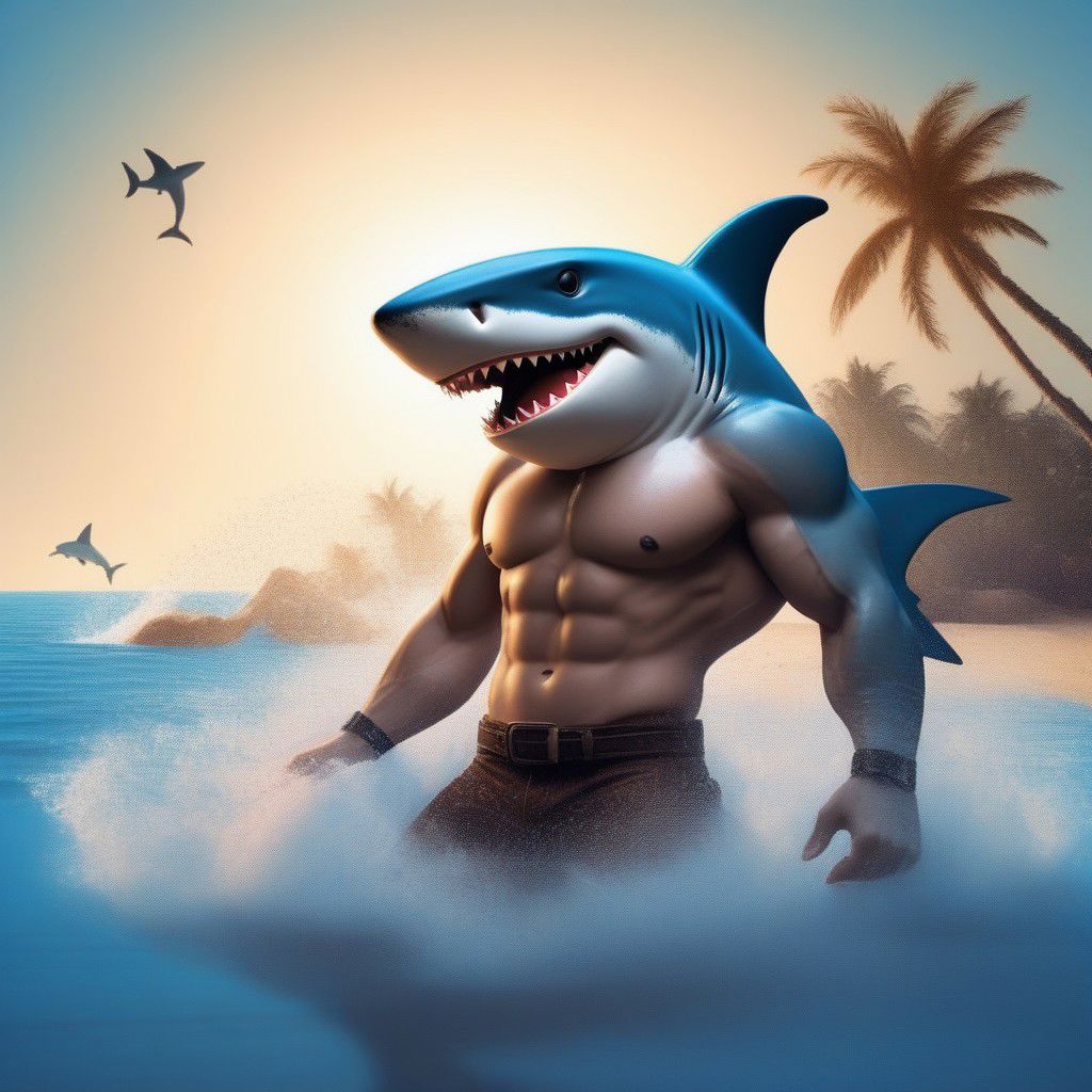 solo, male, anthropomorphic shark, shark body, shark tail, relaxing, at the beach, water splashing on body, muscular character, toned abs, scars