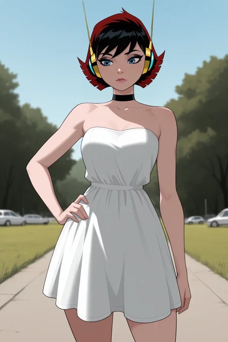 masterpiece, best quality, amazing quality, 1girl, th3w4sp, short hair, red hair, black hair, blue eyes, makeup, headphones, sundress, strapless, black choker, hand on own hip, aesthetic, outdoors, standing