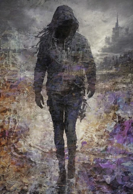 a world inside me, street, epic fantasy, dark fantasy, gritty, real, graffiti, long hair, (((silhouette))), expressionism art, fractals, stopwatch, deep purple and gray, at dusk, cinecolor, (dimmed colors:1.1), hdr, mentixis, linquivera