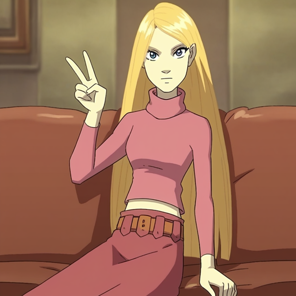score_9, solo, cornelia_h, blonde hair, long hair, blue eyes, turtleneck, long skirt, belt, v, sitting, sofa, looking at viewer