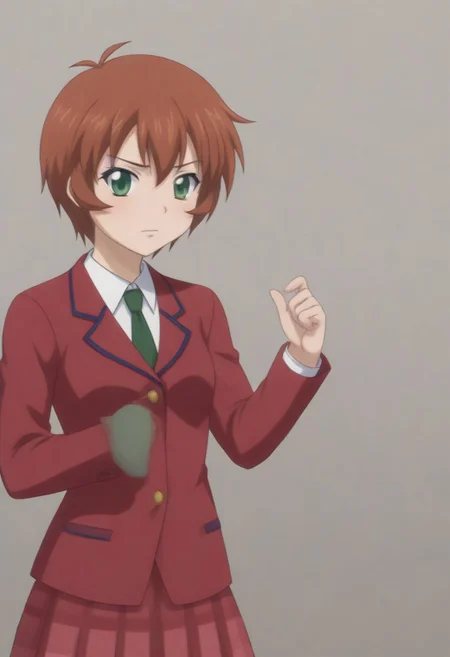 source_anime, anime screencap, source_anime, auratheguillotine, anime screencap, masterpiece, source_anime, shiny skin, 1girl, chinkyuu koudai, short hair, brown hair, green eyes, <lora:chinkyuu_pony-000007:0.8> red blazer, white shirt, green necktie, plaid skirt, pleated skirt,
