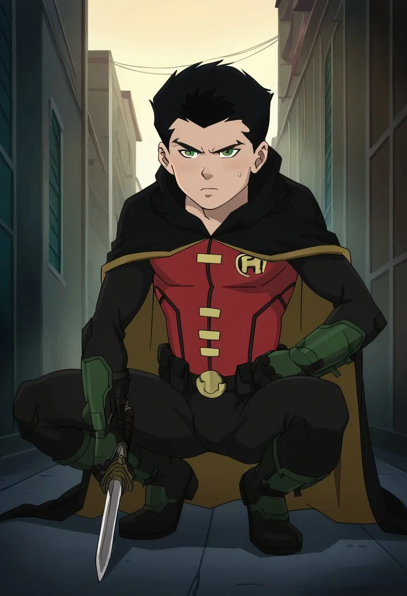 score 9, score 8 up, score 7 up, (1boy), Robin DC comic, black bodysuit, green gloves, cape, black boots, red vest, belt, green eyes, dark alley, black illustration lines, short hair, masculine, squatting ,with a sword , <lora:Robin_-_DC_Animated_Movie_Universe:1>, <lora:RD-MAnon-XLV1.1:1>