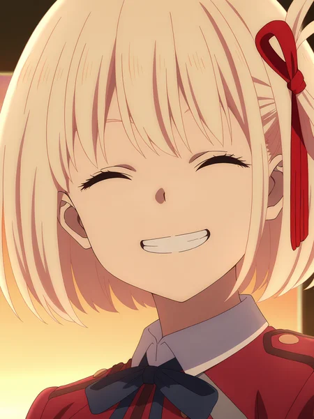 <lora:Chisato_Nishikigi:0.8>, nishikigi_chisato, 1girl, solo, blonde short hair, red lycoris uniform, red hair ribbon, white collared shirt, clenched teeth, smile, closed eyes, portrait, head turned, facing viewer, standing, indoors, sunset, simple background, cropped