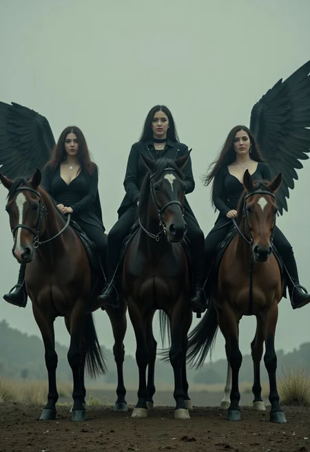 four beautiful women on horses representing the four horsemen of the apocalypse. A dystopian scene as the women ride the horses, dark angelic women,
