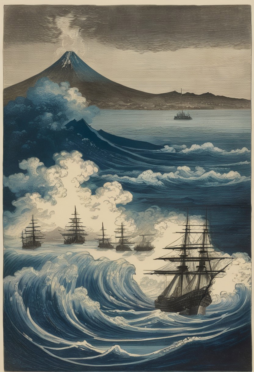 woodcut tokio bay 1865, big black steam powered battleship, gustave dore style, gustav dore clouds, hokusai waves, hokusai mount fuji in the background