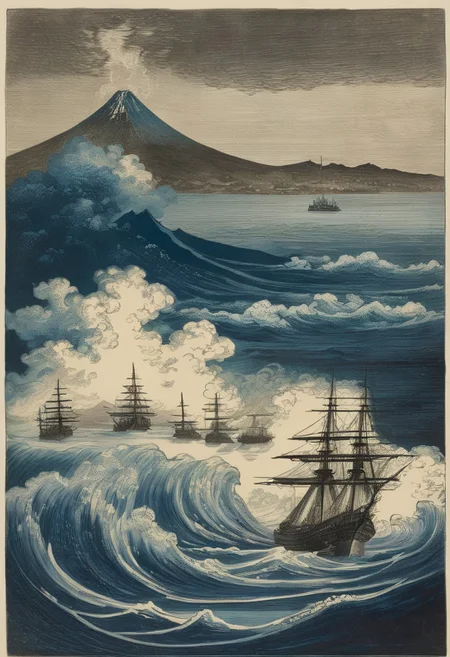 woodcut tokio bay 1865, big black steam powered battleship, gustave dore style, gustav dore clouds, hokusai waves, hokusai mount fuji in the background
