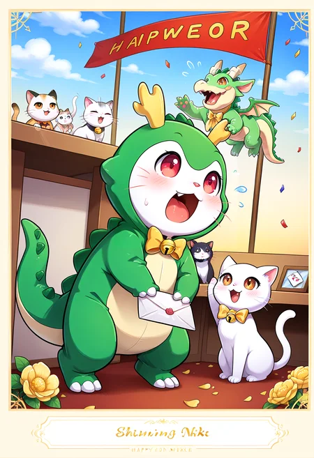 IllustriousQual <lora:StS-Illustrious-Detail-Slider-v1.0:2> <lora:cfg_scale_boost:0.3>,detailed_background,indoors,cat,bell,envelope,yellow bow,year of the dragon,dragon horn,holding,fake horns,flying sweatdrops,flower,brown eyes,nikki \(series\),confetti,banner,sweatdrop,kigurumi,bowtie,no humans,clothed animal,sky,yellow border,official art,chinese zodiac,momo \(nikki\),light blush,artist request,yellow flower,morning,border,blue sky,petals,gradient sky,yellow sky,highres,animal costume,shining nikki,cloud,flying,yellow bowtie,horns,animal,cosplay,copyright name,bow,white cat,open mouth,animal focus,holding envelope,second-party source,dropping,dragon costume