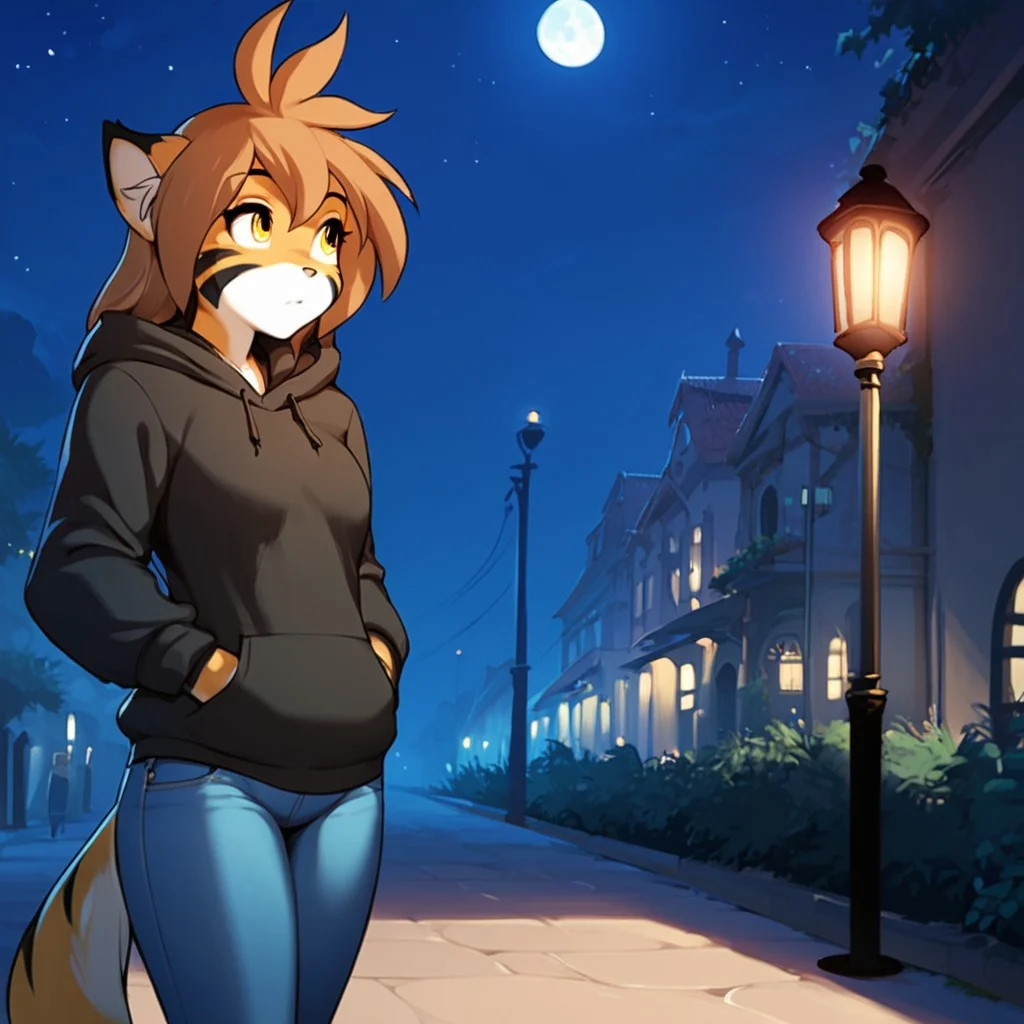 score_9, score_8_up, score_7_up, masterpiece, best quality, good quality, source_furry, Expressiveh, modern city, street lights, night time, night sky, moon, 1 girl, solo, flora-twokinds, anthro, hoodie, jeans, hands in pockets, standing
