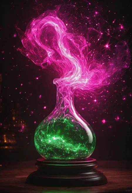 Score_9, Score_8_up, Score_7_up, Score_6_up, Score_5_up, Score_4_up, high_def, highest quality, 4k, best quality, masterpiece, focused, defined, (Photorealistic magic potion:1.3), intricate glass bottle, elixir, neon pink color, green color, bubbling, ethereal light, flashy lights, magic lights, luminous, dynamic reflections, magical aura, highly detailed, fantasy essence, glowing particles, radiant aura, A3THER