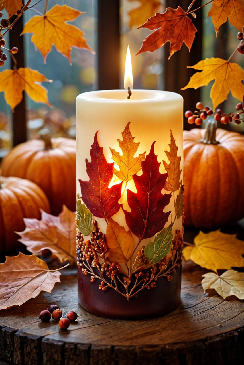 analog photo,photoart_style,realistic,film grain,4k,gel wax candle with autumn element with beautiful background,volumetric natural light, epic atmosphere,perfect composition, highly detail, enchanted,deep rich vivid colors, perfect symmetry,  great composition, complimentary colors, beautiful elegant stylish, intricate detail