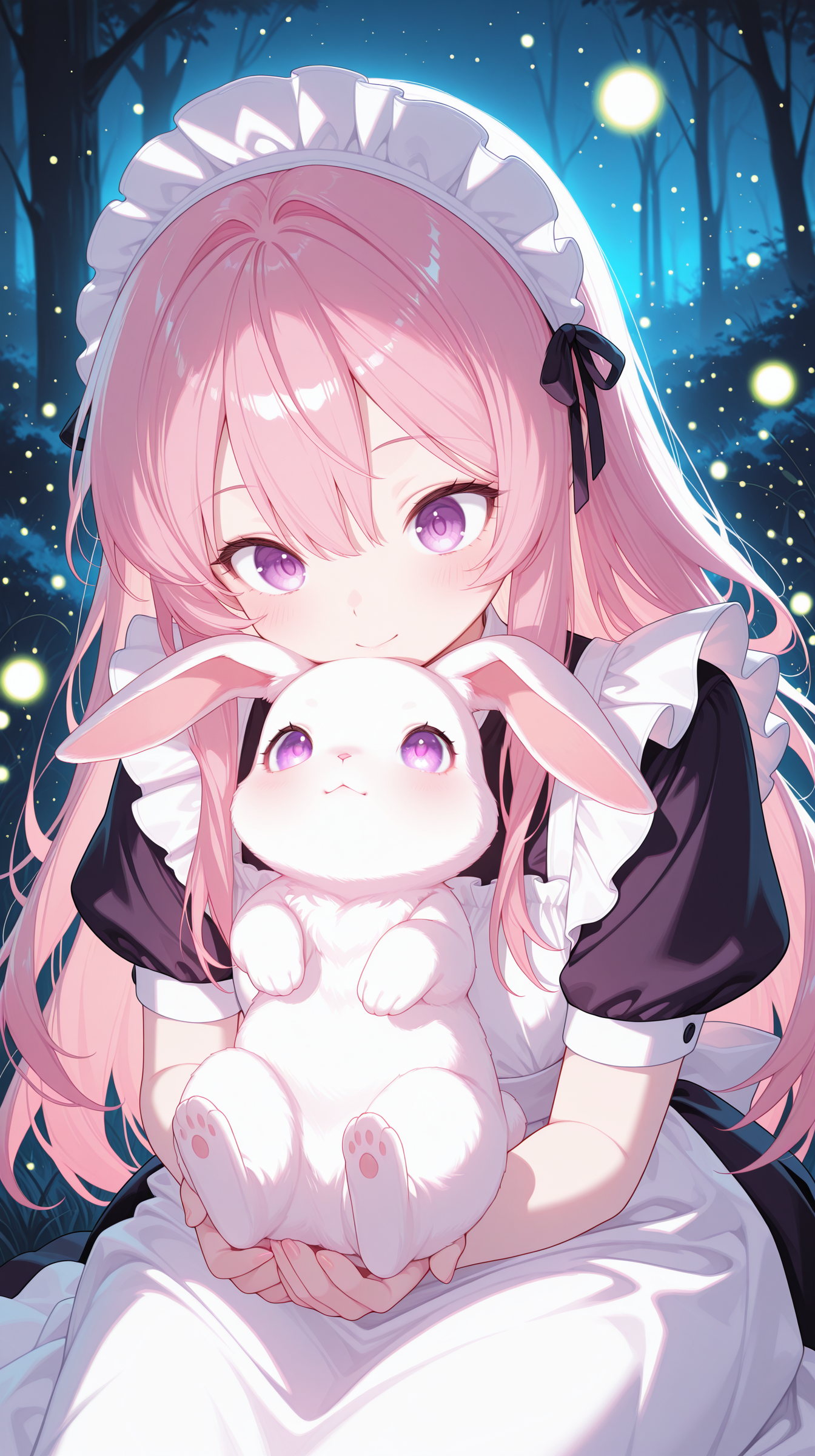 1girl, holding rabbit,  glowing under moonlight, dreamy meadow, glowing fireflies, ethereal atmosphere masterpiece, best quality, amazing quality, very aesthetic, absurdres, detailed eyes, newest, <lora:CivChan:1>, CivChan, purple eyes, pink hair,