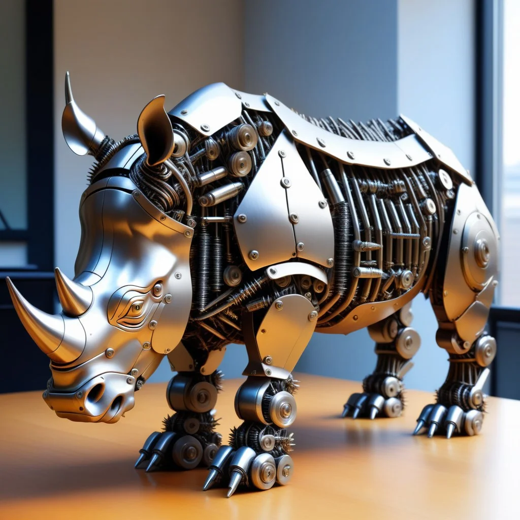 a rhino made out of Reused machinery parts and Screws, photorealistic, full of details, on an Office desk