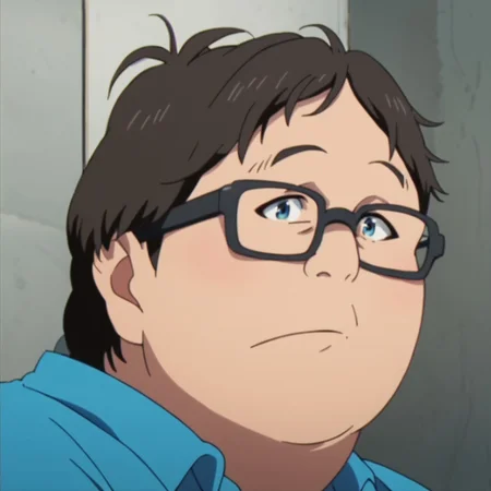 score_9, score_8_up, score_7_up, score_6_up, score_5_up, score_4_up, seiichikino, solo, male focus, glasses, blue shirt, anime screenshot, upper body