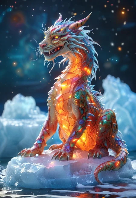 A dragon with shiny scales and tiger patterns, colorful, glowing, bio-luminescence, sitting on an iceberg, cosmic background, close-up